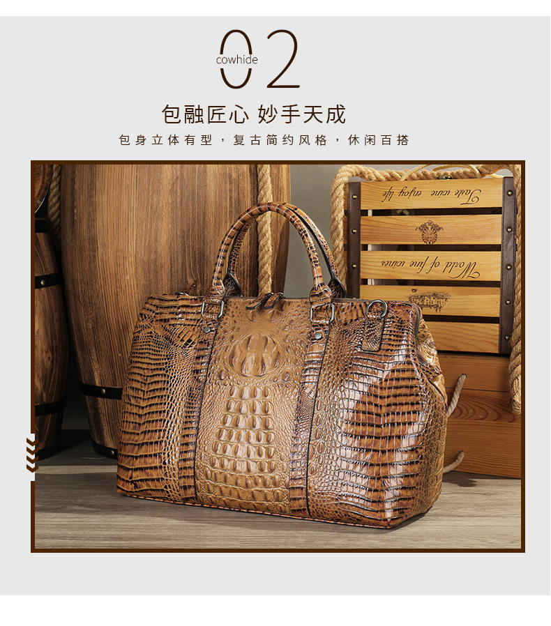 Túi du lịch nam da bò lớp đầu họa tiết cá sấu, túi hành lý cầm tay cao cấp dung tích 20–35L — Màu nâu chi tiết 15