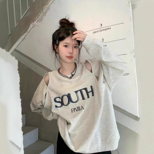 American Lazy Style Sweatshirt 2025 New Women's Spring and Autum Loose Casual Versatile Niche Design Off-Shoulder Top