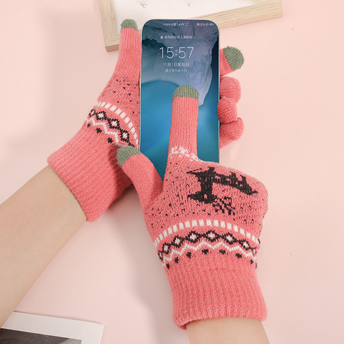 Touchscreen Glove for Women - Winter Korean Style, Street Vendor, Fleece Lined, Thick, Coldproof, Small Deer Knitted Warm Gloves