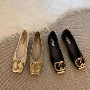 Women's Flats 2025 Spring New Design Niche Soft Leather Shallow Mouth Metal Buckle Scoop Shoes Versatile Flats Granny Shoes