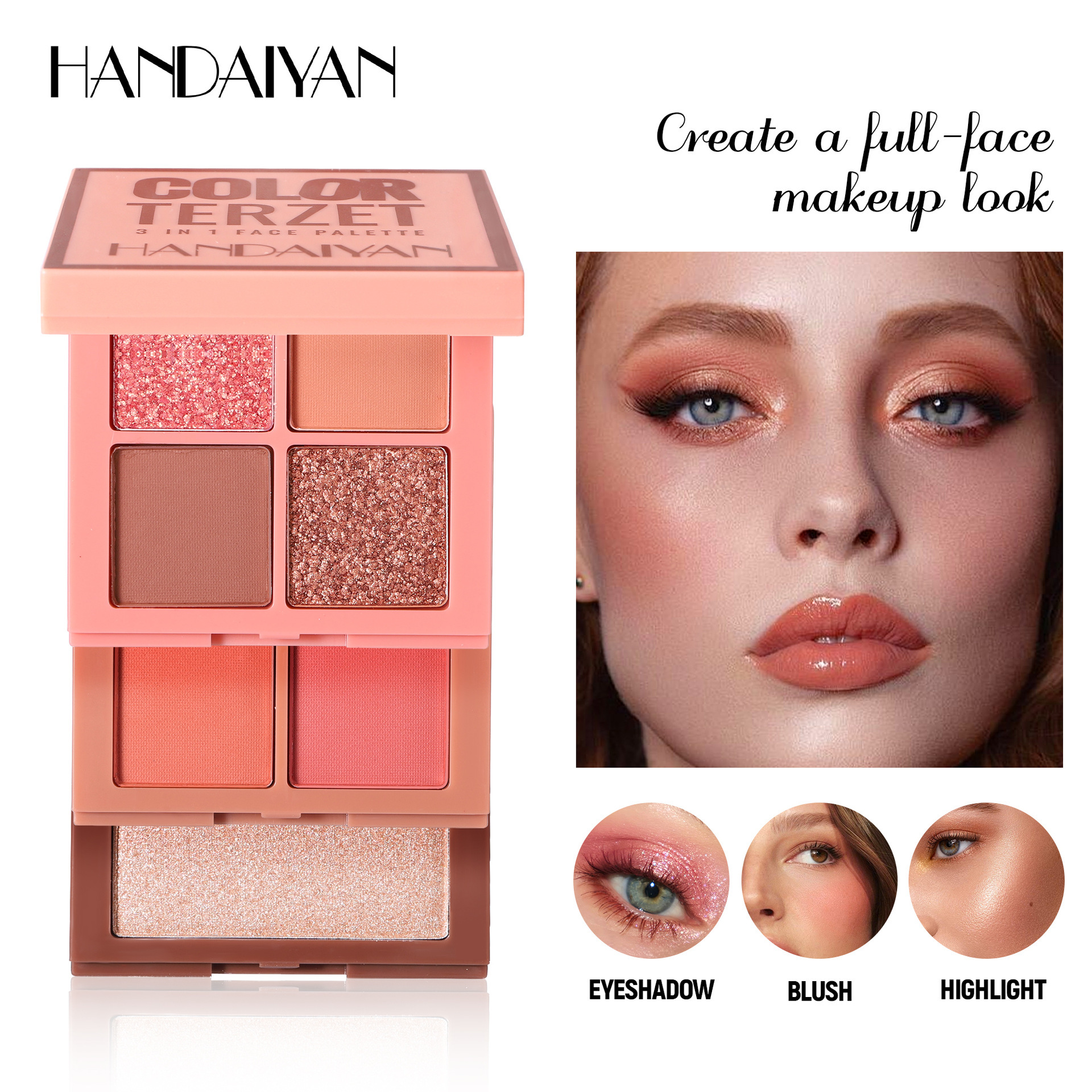 Transfronterizo HANDAIYAN blush de ojos de alto brillo trío en una bandeja de maquillaje multipropósito bandeja de maquillaje facial multipropósito