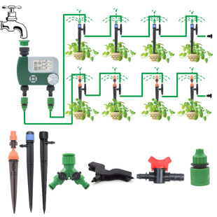 Garden Irrigation Kit with Dual Outlet Timer for Watering Flower Pots, Drip Irrigation and Micro-Spray Irrigation Equipment for Timed Irrigation