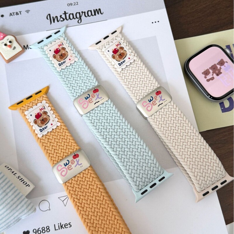 Cute Bear Winnie Nylon Braided Magnetic iwatchs10 Strap for Apple Watch s9876 SE Women