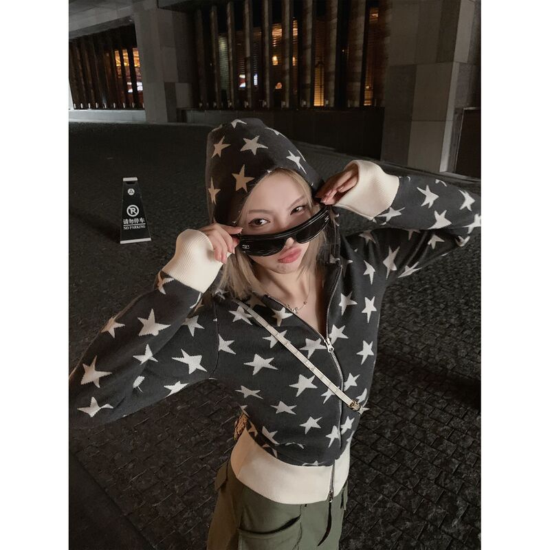 美式复古星星连帽开衫外套女短款辣妹休闲秋季新款设计感小众上衣|undefined