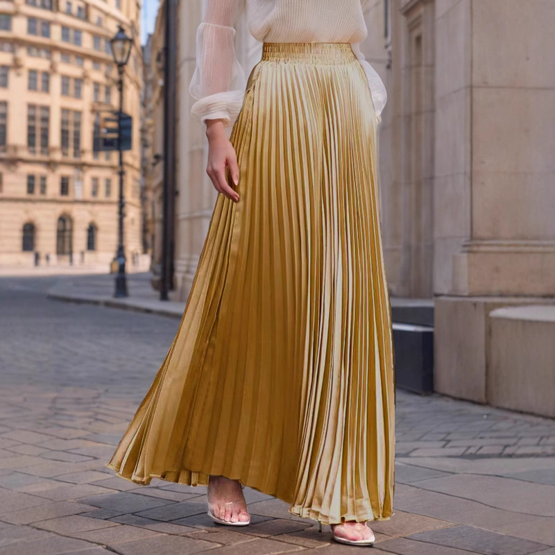 Amazon Foreign Trade 2025 New Solid Color Skirt Streamer Draped Long Skirt High Waist Organ Pleated Skirt