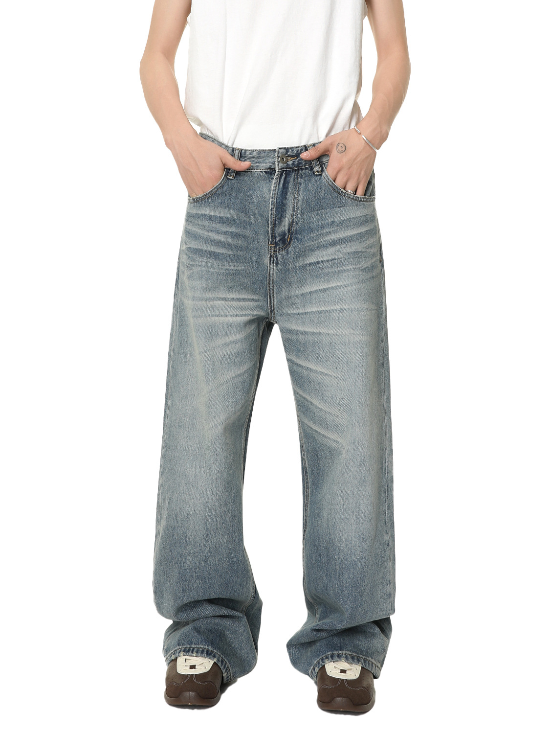 MTLCLOTHES Hombres| Coreano vibe lavado con agua estereoscópica gato barbudo en forma de A, jeans de pierna ancha rectos, moda universal