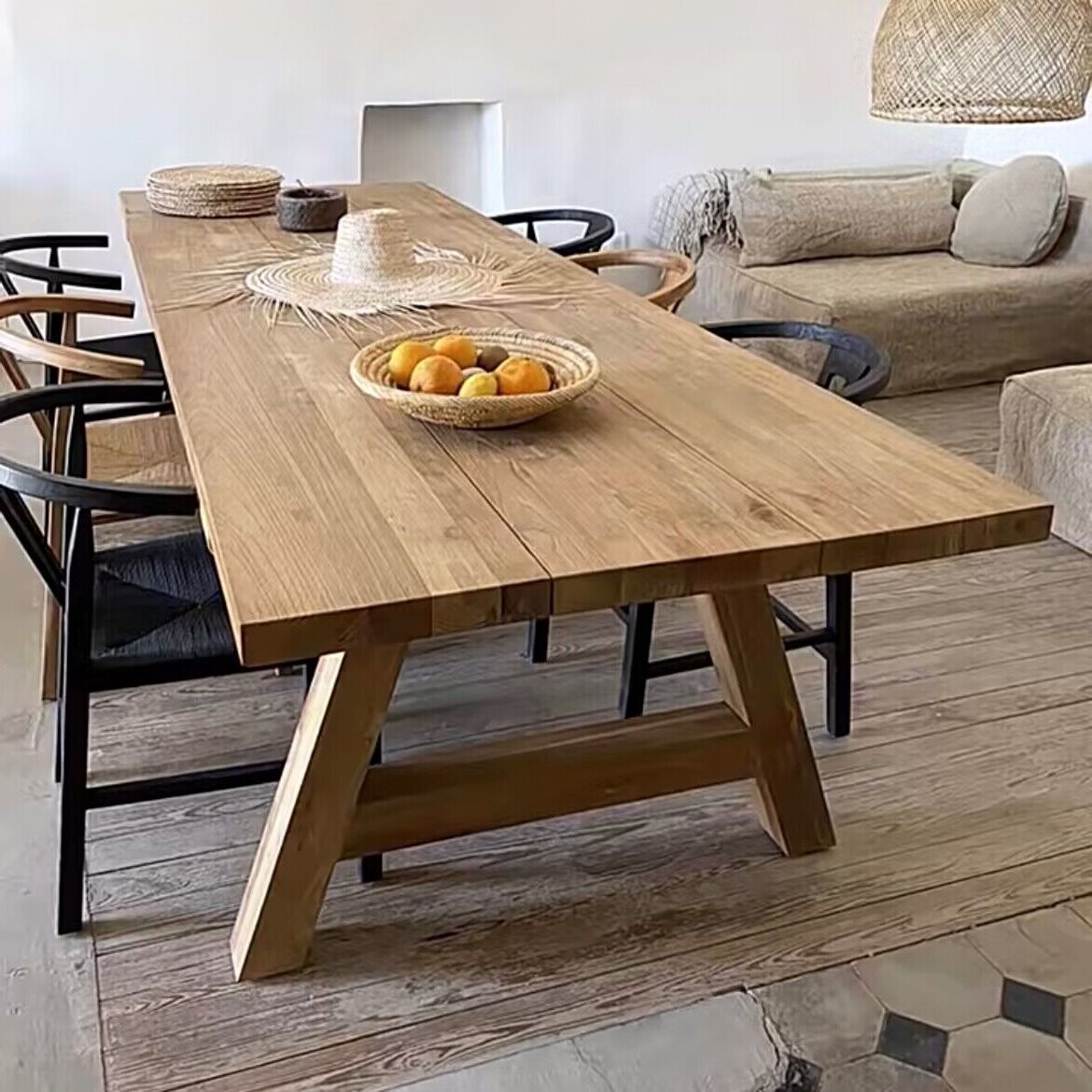 原木全实木长桌餐桌椅组合美式乡村家用复古茶桌别墅民宿大型木桌