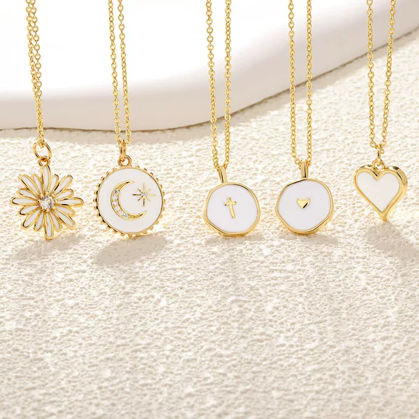 Oil-Drip Heart Necklace with Flowers, Moon, Stars, Cross, and Eye Design, Copper Gold-Plated, New Spring Style, Fresh and Sweet
