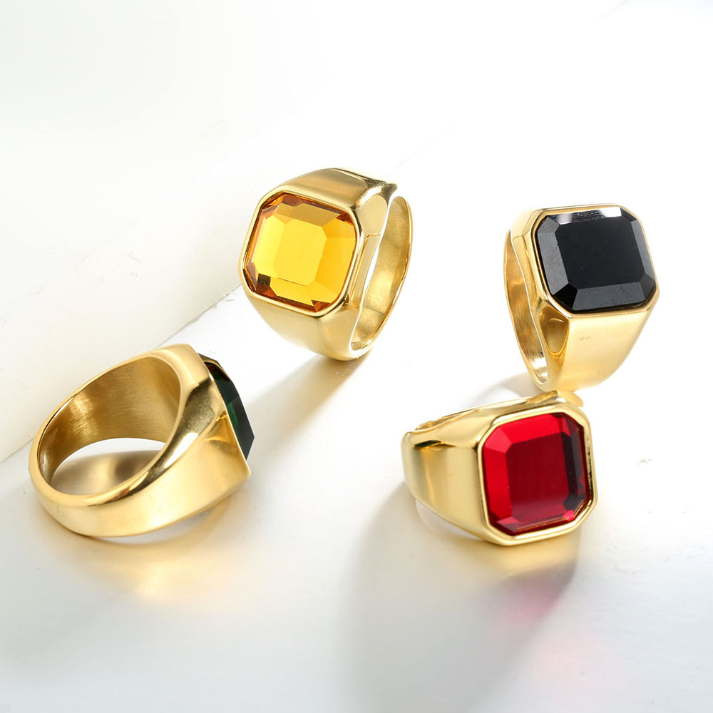1 Piece Quantity Party Occasion Retro Punk Square Stainless Steel Inlay Gem Unisex Wide Band Rings