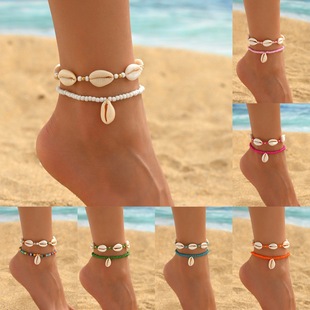 Cross-border Bohemian Holiday Style Beaded Stacked Anklet Simple Multicolor Rice Bead Woven Shell Anklet Two Pieces