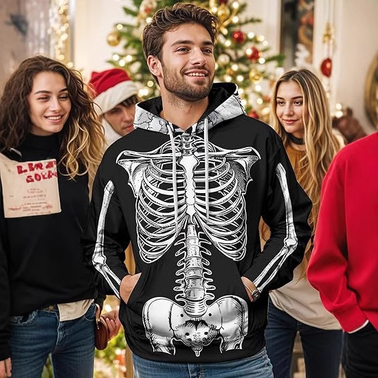 Divertido thriller, esqueleto blanco, estampado 3D, suéter con capucha suelto de manga larga con cordón de moda callejera para hombres