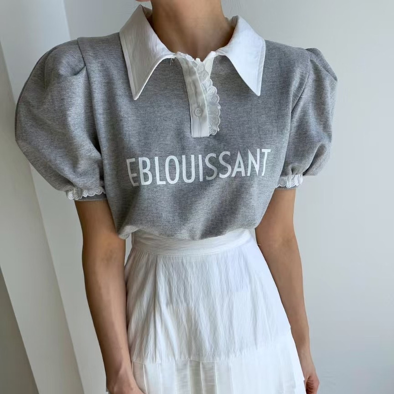 In Stock Korean Chic Spring/Summer New Style Thin Sweatshirt with Letter Print and Puff Sleeves