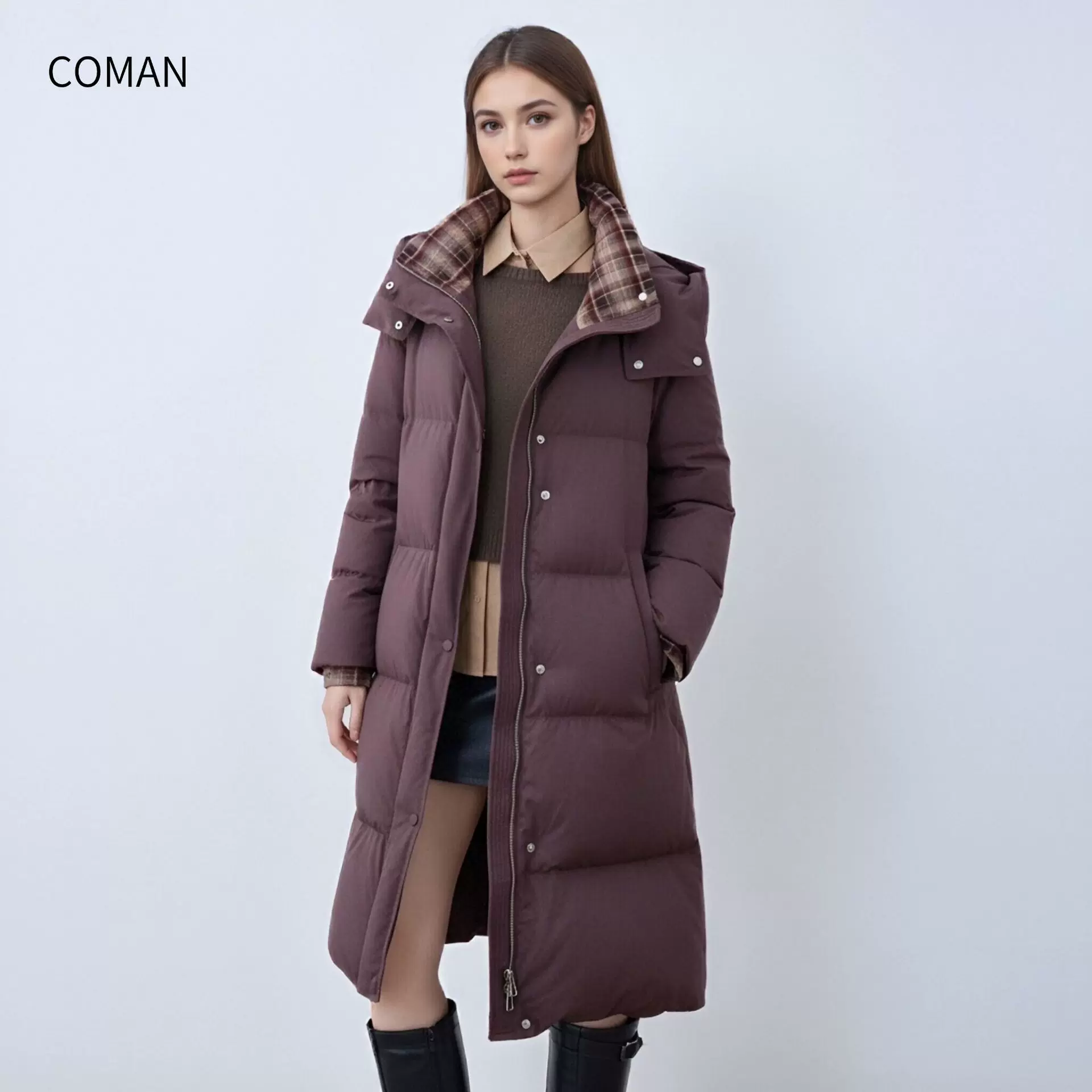 现货高端羽绒服格子90鸭绒保暖长款立领2025秋冬季新款气质外套