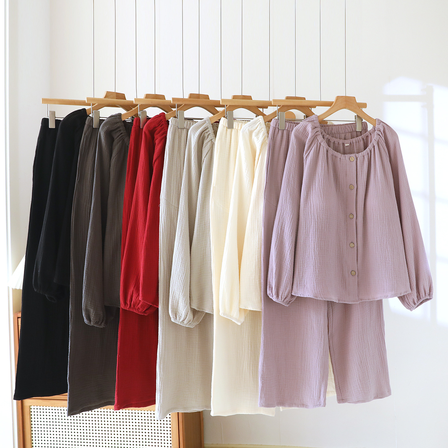 Round Neck Cloud Soft Chest Pad Set Home Women's Spring and Autumn Loose Long Sleeve Trousers Casual Plaid Casual Pajamas Set