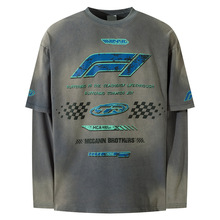 原创美式复古重工水洗做旧小众设计假两件赛车风格长袖T恤打底衫