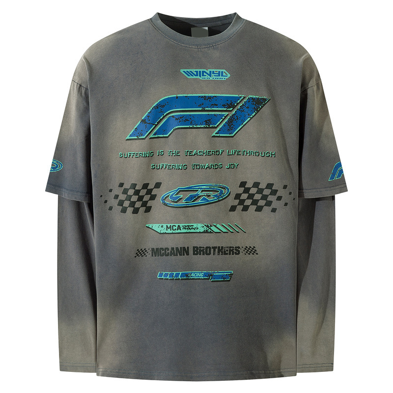 Original American Retro Heavy Industry Washed Old Niche Design Fake Two-piece Racing Style Long Sleeve T-shirt Base Shirt