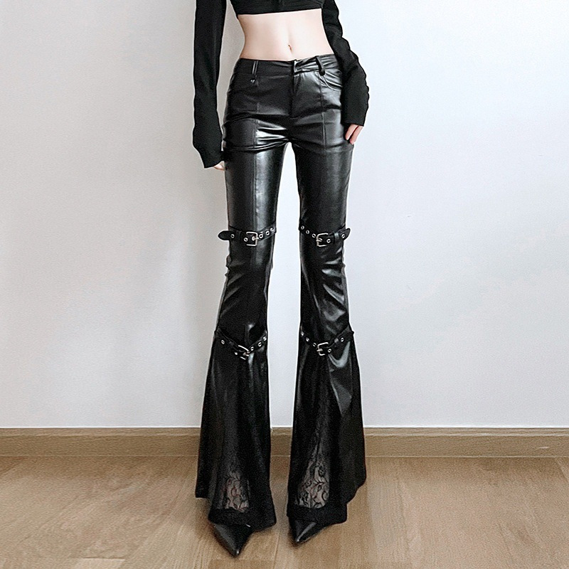 Spring 2025 New Fashion Rock Lace Design Metal Buckle Leather Metal Micro-pants Long Leather Pants