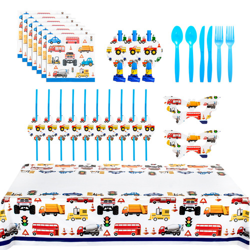 Construction truck excavator forklift construction boy party paper cup paper plate knife fork spoon tablecloth banner birthday decoration supplies