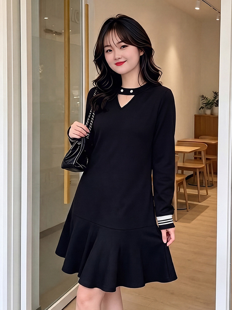 65-160kg Plus Size Women's College Style Dress 2026 Spring and Autumn Style for Chubby Girls with Sleeves, Elegant and Age-Reducing Ruffle Dress
