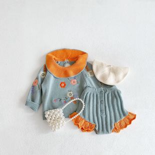 2025 New Autumn Clothing Baby Girl Knitted Suit Embroidered Lotus Leaf Collar Top + Lace Pants Two-Piece Set