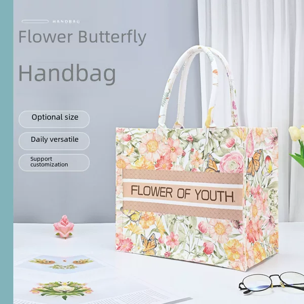 Large Capacity Canvas Bag with Floral Butterfly Design, Factory Multi-Pocket Wholesale Women's Gift Tote Bag