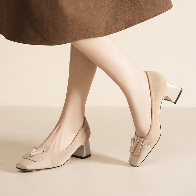 5688-12法式高跟鞋不累脚气质优雅浅口粗跟方头复古气质通勤单鞋