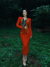 SP2024早春酒红色千金名媛风圣诞年会新娘敬酒服气质套装裙230410