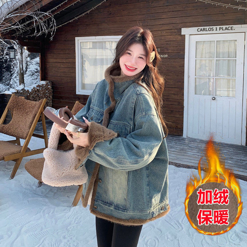 蓝色牛仔派克服女冬加绒加厚2025新款小众设计仿兔毛拼接保暖外套|undefined