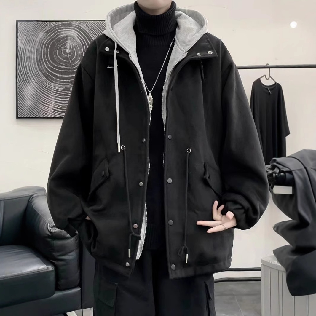 Hong Kong style two-piece thick coat for men, spring, autumn and winter, loose hooded style, solid color hooded versatile casual coat