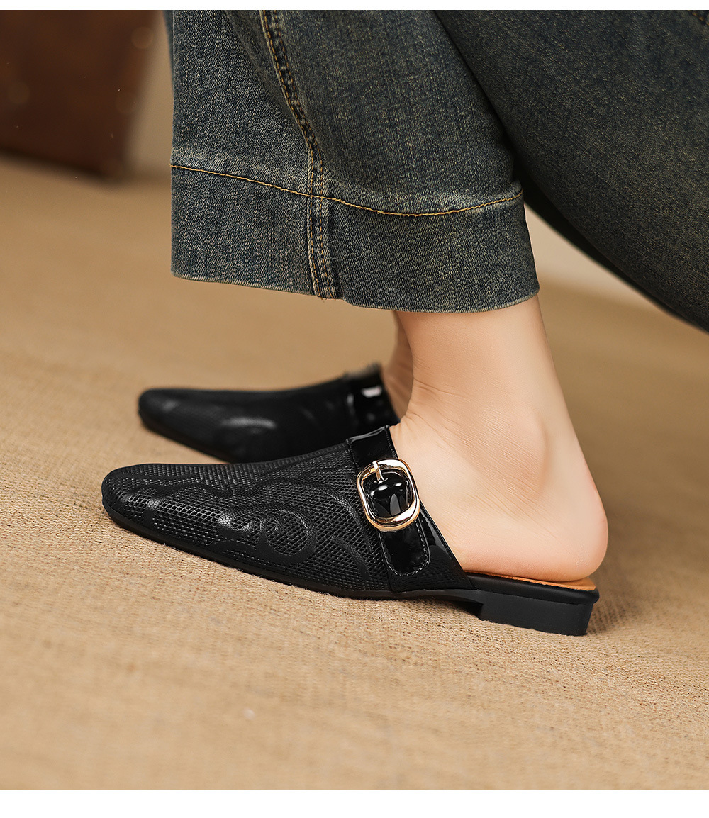 Dép sandal nữ mũi trùm đế bệt chất liệu da bò lưới sợi phong cách Muller — đen chi tiết 8
