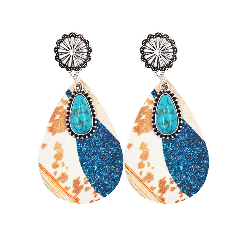 1 Pair Fashion Color Block Water Droplets Pu Leather Alloy Patchwork Turquoise Women's Chandelier Earrings display picture 5
