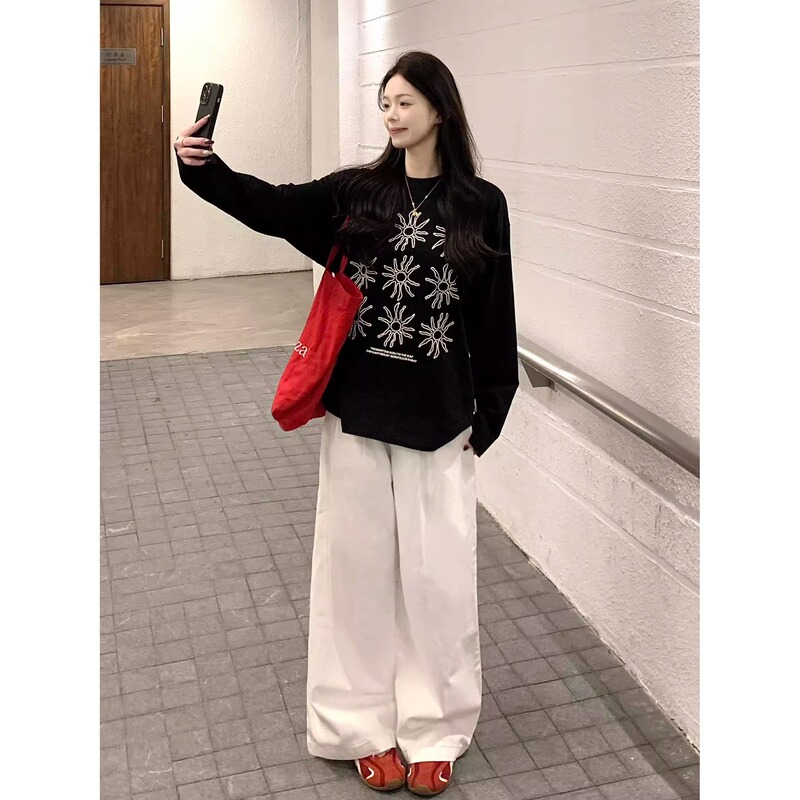 韩系纯棉T恤女复古太阳花印花打底上衣春秋季大码慵懒感打底长袖|undefined