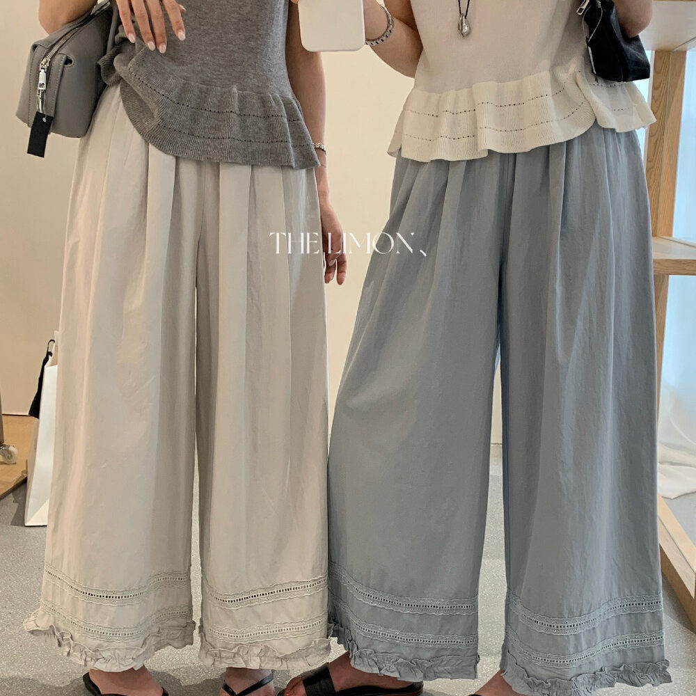 Quần culottes nữ ống rộng cạp cao chun, thiết kế viền ren bèo nhún, dáng suông 9 phân, phù hợp mùa xuân hè — màu đen, Xanh đen, Xanh da trờicolor, màu trắng