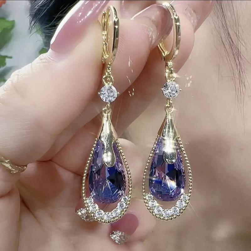 Purple fashionable elegant earrings drop-shaped