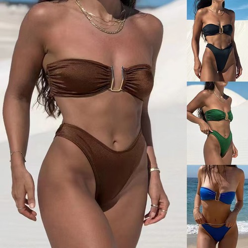 Swimsuit 2025 Sexy, European and American Plain Color High-Waist Bathing Suit Bikini