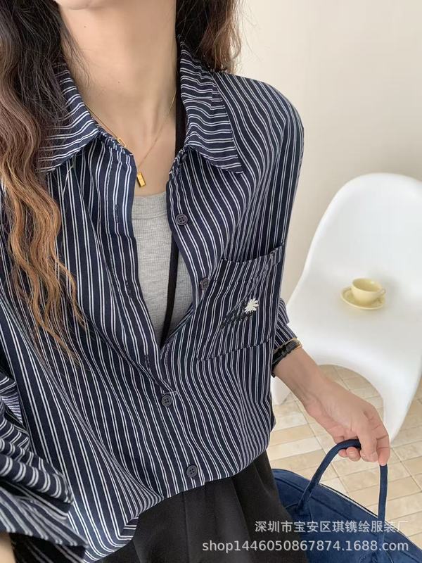 琪镌绘制条纹衬衫秋季新款宽松休闲女装百搭长袖翻领通勤衬衣上衣|undefined