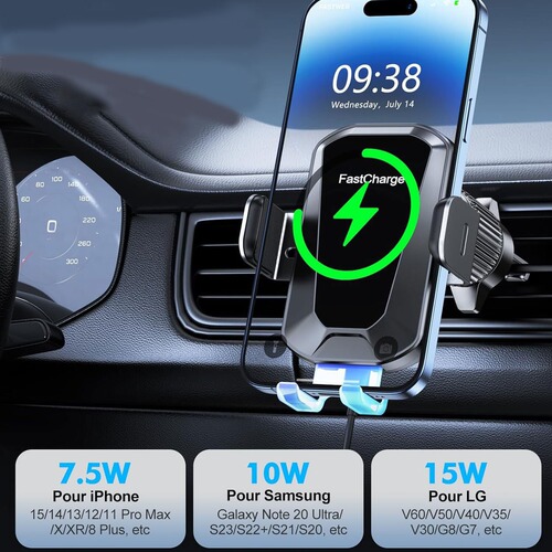 Car phone holder 15W fast charging car air vent clip with automatic sensing three-axis linkage night ambiance light
