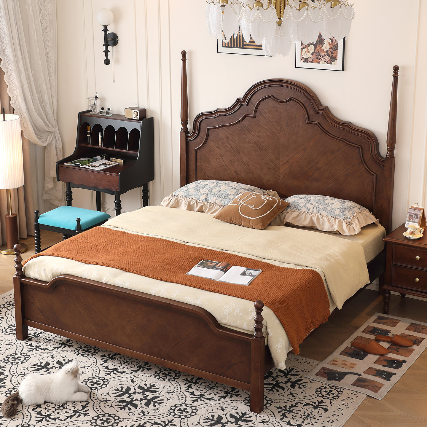 Cama de madera maciza estilo medieval francés estilo retro americano Nanyang 1.5m 1.8m cama doble dormitorio principal Anna cama de pantalla alta