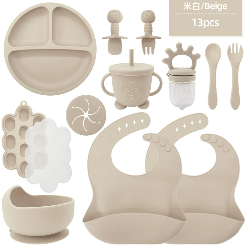 Juego de vajilla de silicona para niños transfronterizos Tazón de comida especial para bebés y niños pequeños Cuchara de silicona de grado alimenticio Juego completo de babero