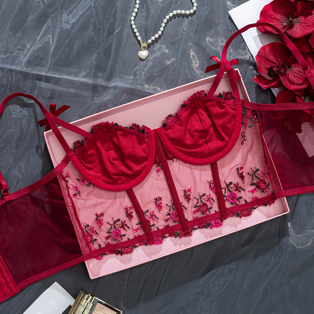 Women's Clothing Steel Ring Bra Embroidered Floral Bow Small Sling Fishbone Three Row Buckle Adjustable_voghion.com