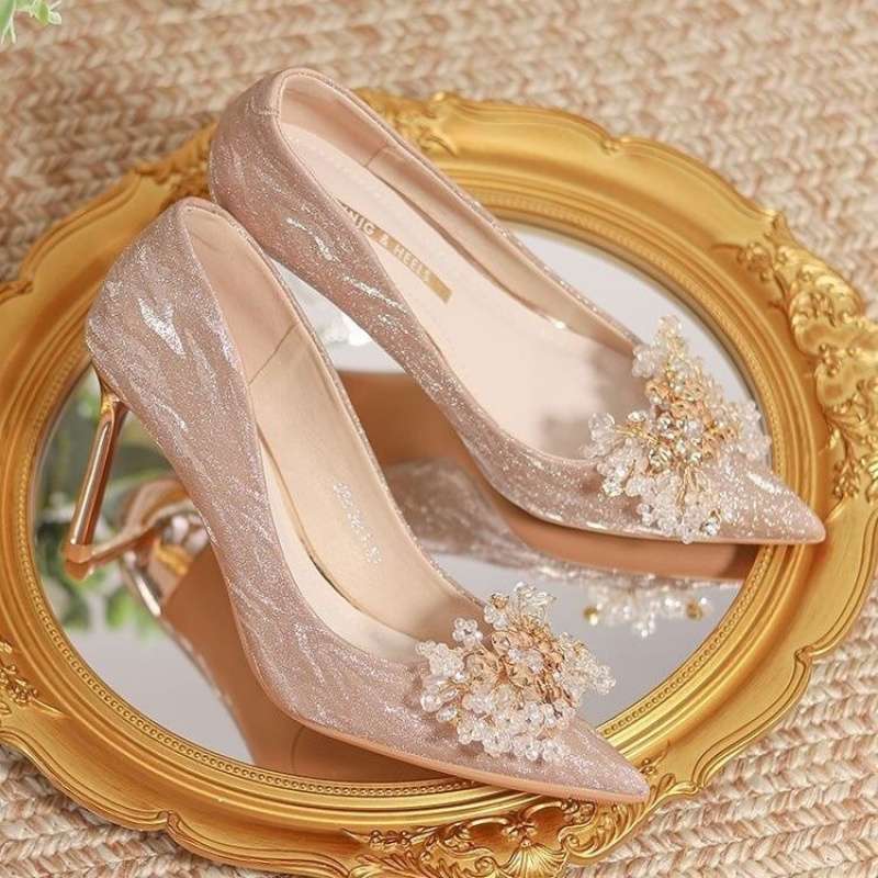 French High Heels, Women's Stiletto Pointed Wedding Shoes, Silver High-End, Non-Tiring Bridal Shoes, Hexiu Wedding Dress, Two-Wear