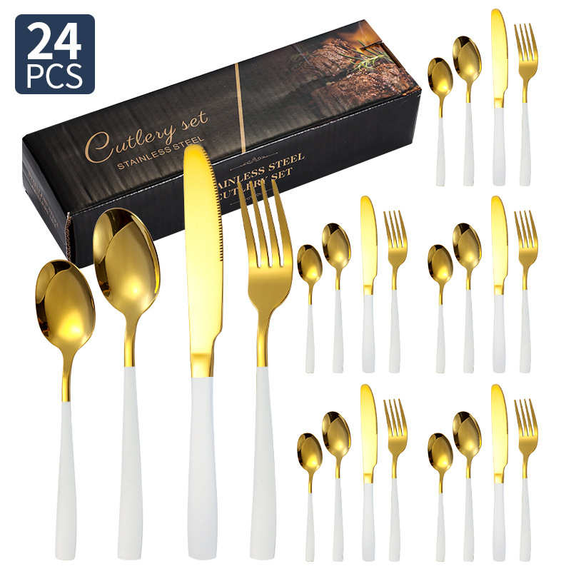 Transfronterizo Amazon cubiertos de acero inoxidable de mango cuadrado 20 / 24 / 30 piezas set cuchillo de filete de comida occidental tenedor cuchara set box
