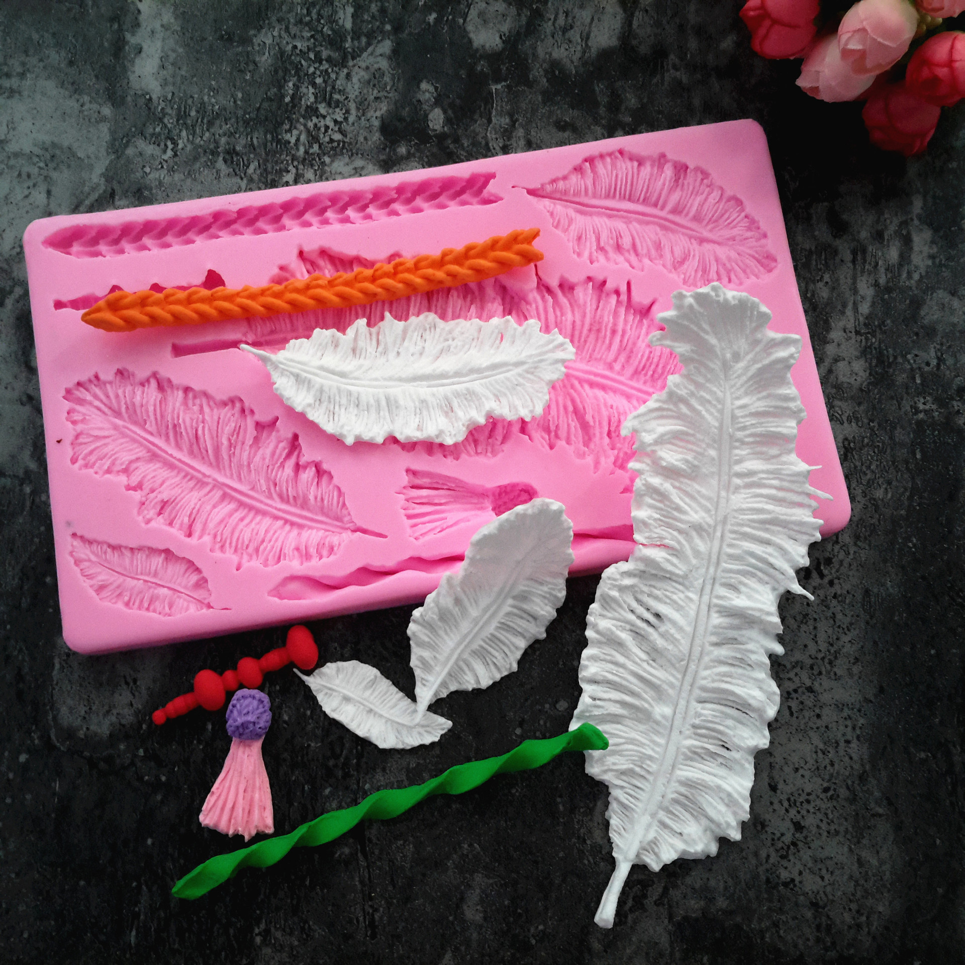 Molde para hornear pluma textura fondant cake molde de silicona molde de impresión molde de chocolate al por mayor