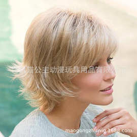 厂家批发女 欧美时尚蓬松斜刘海修脸短发头顶渐变浅金色反翘头套