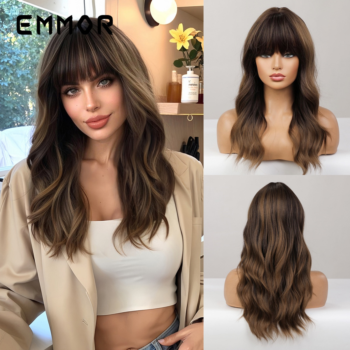 Emmor europeo y americano transfronterizo Amazon fibra química peluca pelucas moda negro gradiente oro Bangs largo pelo rizado