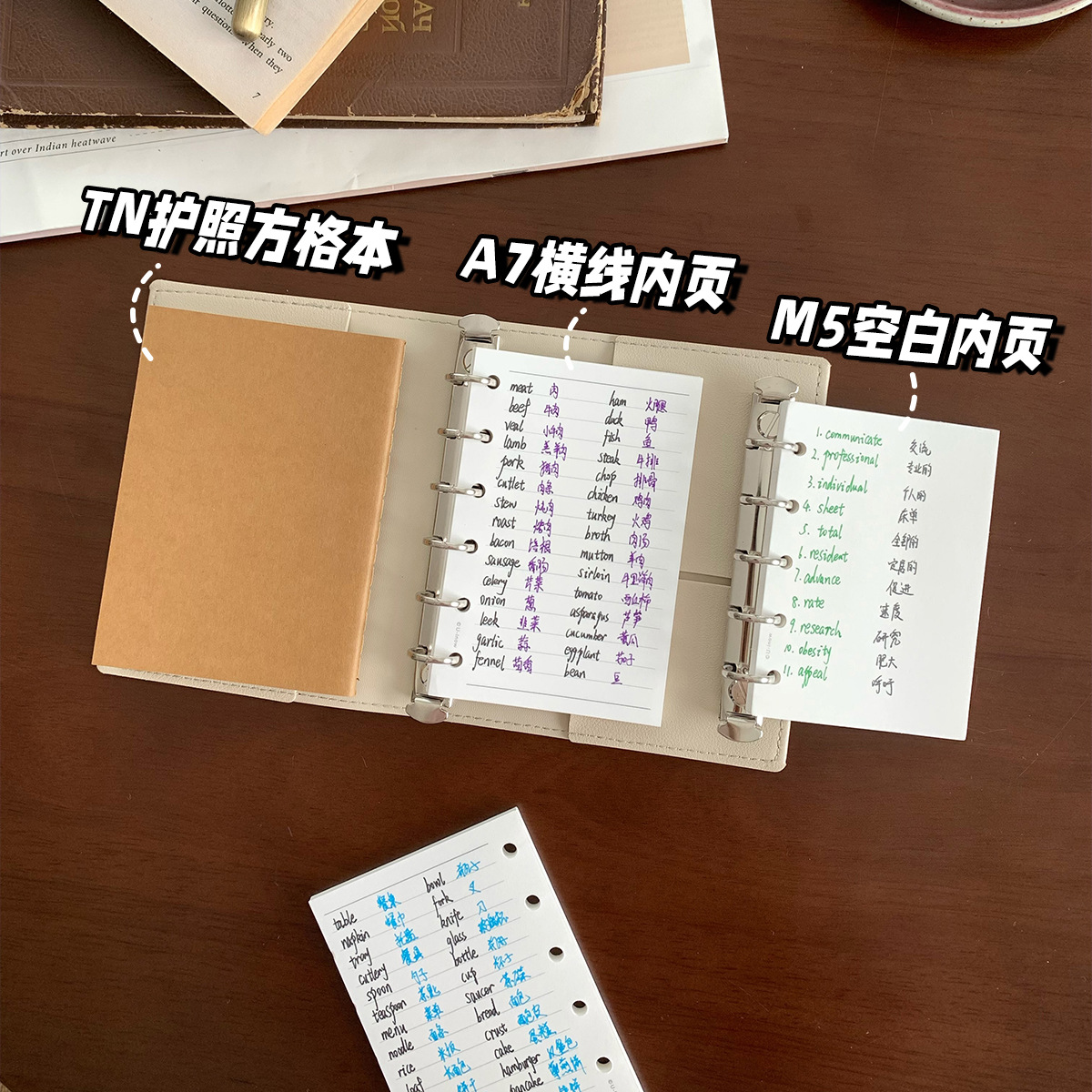 PU 가죽 가죽 M5A7 여권 3 대 1 범용 느슨한 잎 책 핸드북 TN 여권 노트북 쉘