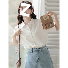 夏季宽松慵懒风百搭短袖白衬衫女法式轻薄小众polo领简约上衣棉质