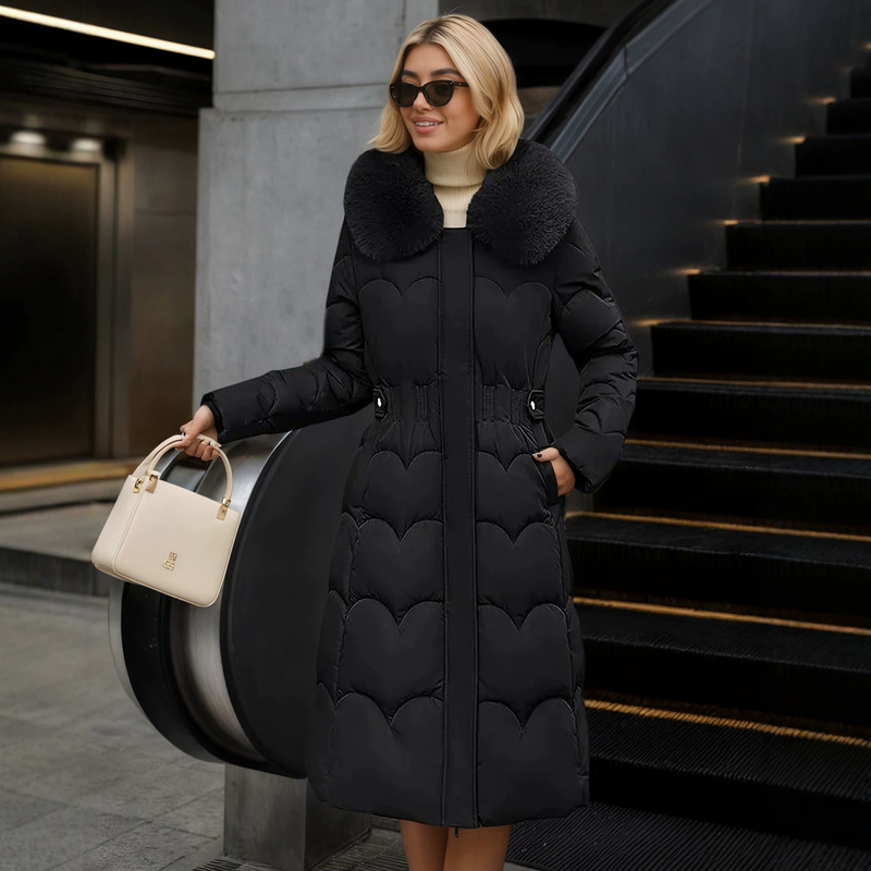 2026 New Foreign Trade Women's Cotton Coat, Mid-Length, Korean Style, Thickened, Slim-Fit, Slimming, Warm, Fashionable, with Large Fur Collar