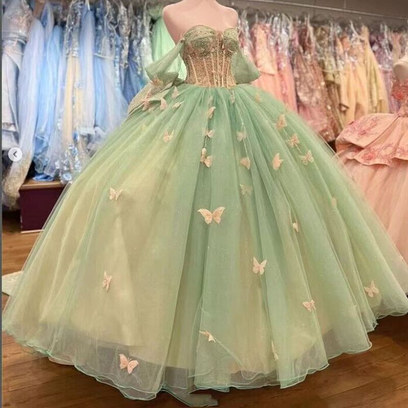 Coming-Of-Age Ceremony Evening Dress, Green Forest Style, Simple Ball Gown, Off-Shoulder Tulle with Butterfly Appliques, 2026 Banquet Evening Dress