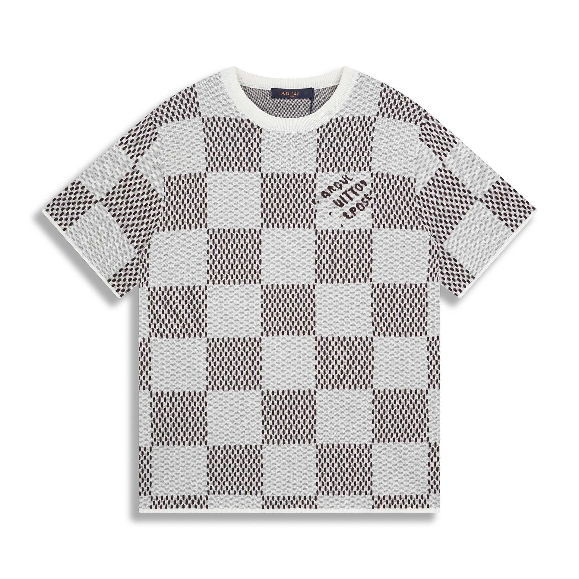 T-shirt de punto de alta versión de burro 2025 nuevo tablero de ajedrez letras jacquard casual suelta hombre y mujer mangas cortas